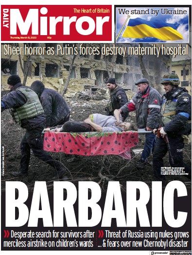 Daily Mirror Newspaper Front Page for 10 March 2022
