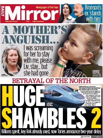 Daily Mirror (UK) Newspaper Front Page for 10 March 2023