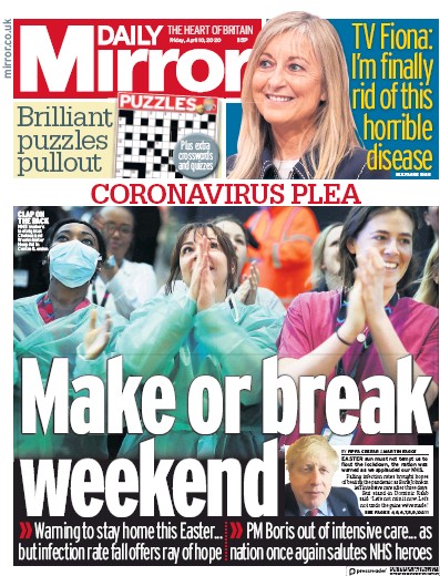 Daily Mirror Newspaper Front Page for 10 April 2020