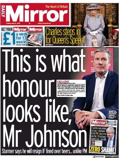 Daily Mirror (UK) Newspaper Front Page for 10 May 2022