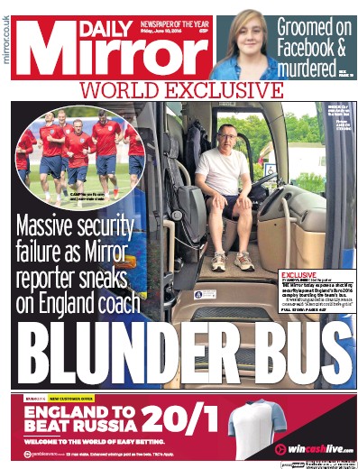 Daily Mirror Newspaper Front Page for 10 June 2016