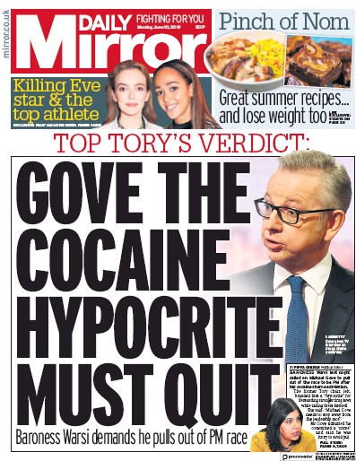Daily Mirror Newspaper Front Page for 10 June 2019