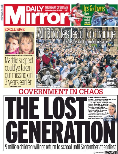 Daily Mirror Newspaper Front Page for 10 June 2020
