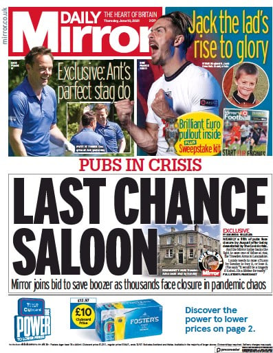 Daily Mirror Newspaper Front Page for 10 June 2021