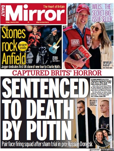 Daily Mirror (UK) Newspaper Front Page for 10 June 2022