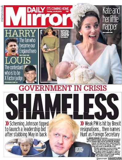 Daily Mirror Newspaper Front Page for 10 July 2018