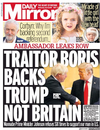 Daily Mirror (UK) Newspaper Front Page for 10 July 2019