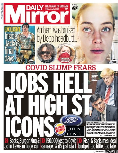 Daily Mirror (UK) Newspaper Front Page for 10 July 2020