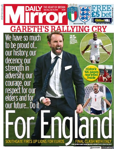 Daily Mirror (UK) Newspaper Front Page for 10 July 2021