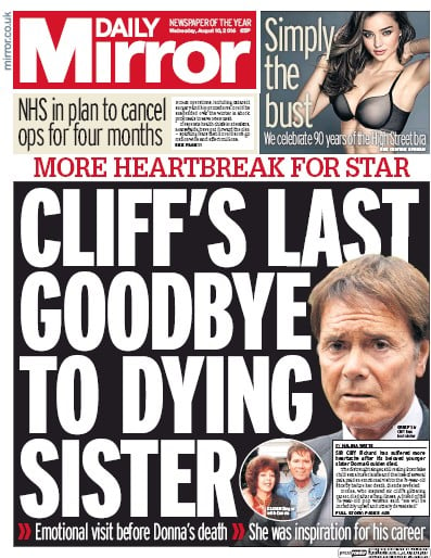 Daily Mirror (UK) Newspaper Front Page for 10 August 2016