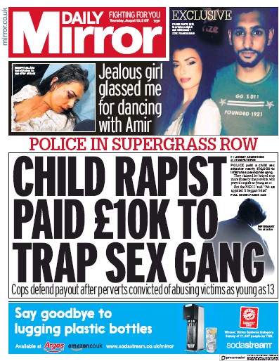 Daily Mirror Newspaper Front Page for 10 August 2017