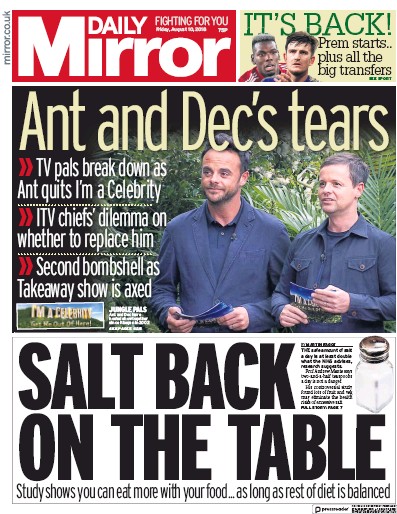 Daily Mirror Newspaper Front Page for 10 August 2018