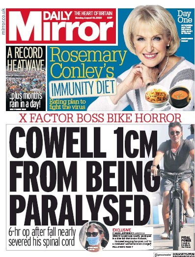 Daily Mirror Newspaper Front Page for 10 August 2020
