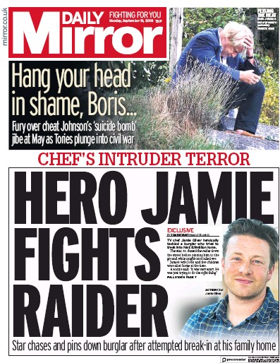 Daily Mirror Newspaper Front Page for 10 September 2018
