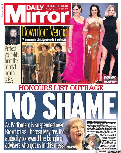 Daily Mirror Newspaper Front Page for 10 September 2019