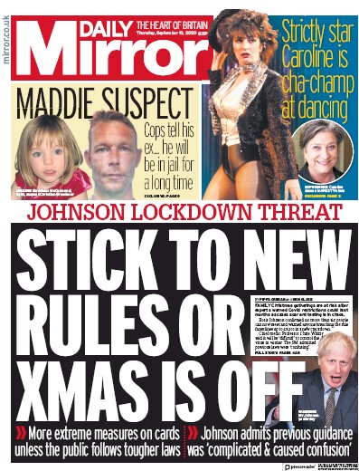 Daily Mirror (UK) Newspaper Front Page for 10 September 2020