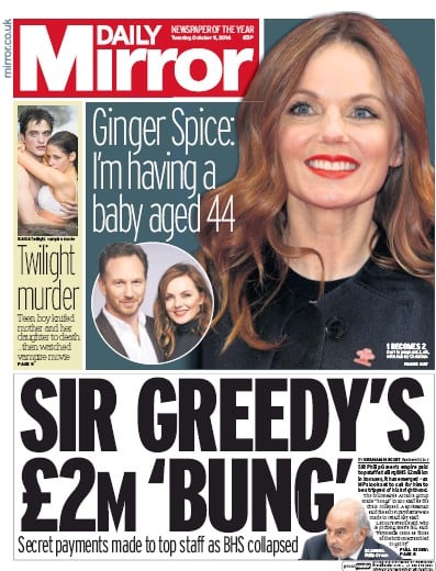 Daily Mirror Newspaper Front Page for 11 October 2016