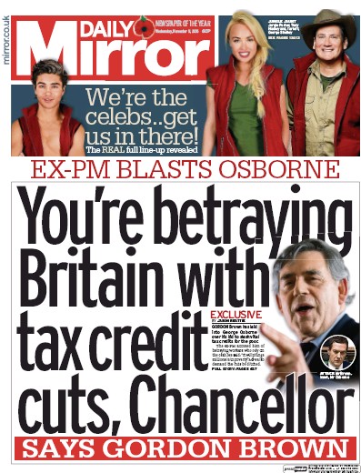 Daily Mirror Newspaper Front Page for 11 November 2015