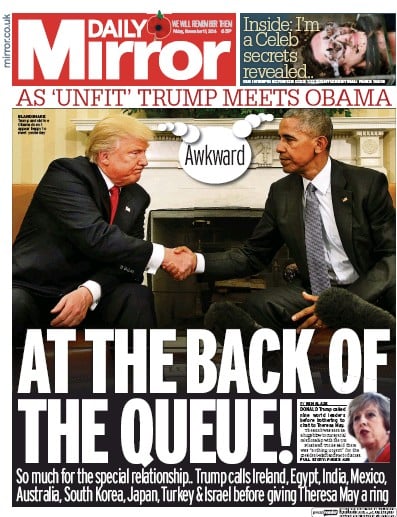 Daily Mirror Newspaper Front Page for 11 November 2016
