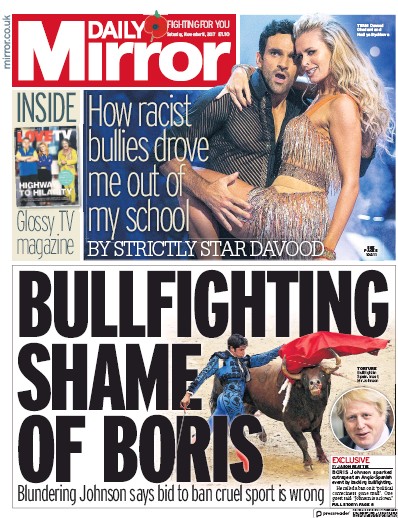Daily Mirror Newspaper Front Page for 11 November 2017