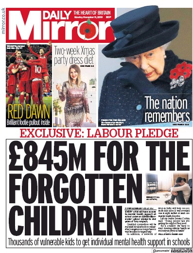 Daily Mirror Newspaper Front Page for 11 November 2019