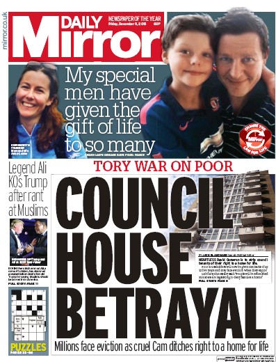 Daily Mirror (UK) Newspaper Front Page for 11 December 2015