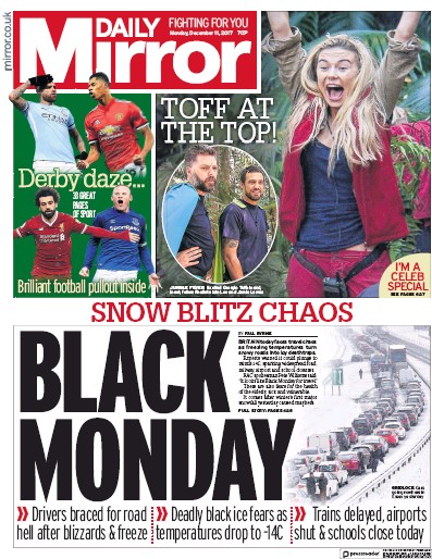 Daily Mirror Newspaper Front Page for 11 December 2017