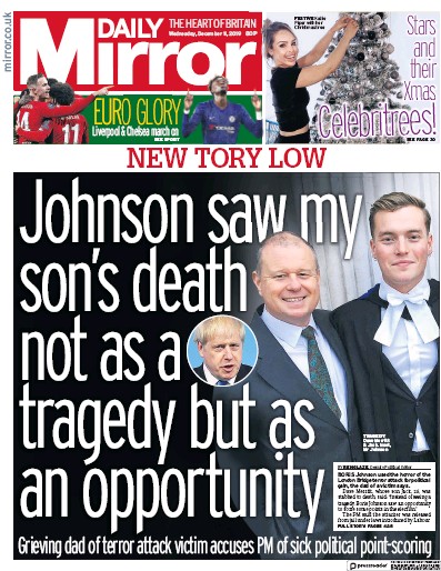 Daily Mirror Newspaper Front Page for 11 December 2019