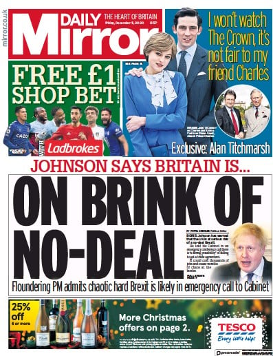 Daily Mirror (UK) Newspaper Front Page for 11 December 2020
