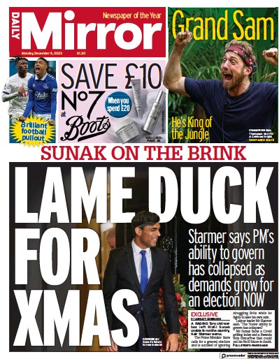 Daily Mirror (UK) Newspaper Front Page for 11 December 2023