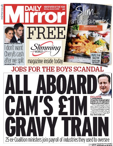 Daily Mirror (UK) Newspaper Front Page for 11 January 2016