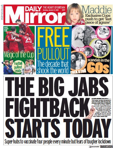 Daily Mirror Newspaper Front Page for 11 January 2021
