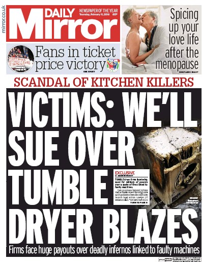 Daily Mirror Newspaper Front Page for 11 February 2016
