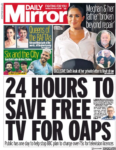 Daily Mirror Newspaper Front Page for 11 February 2019