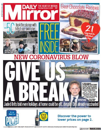 Daily Mirror Newspaper Front Page for 11 February 2021