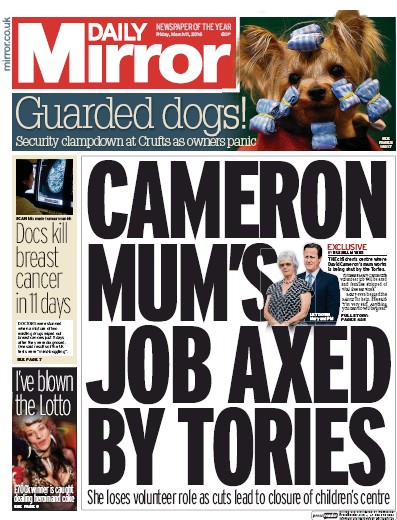 Daily Mirror Newspaper Front Page for 11 March 2016