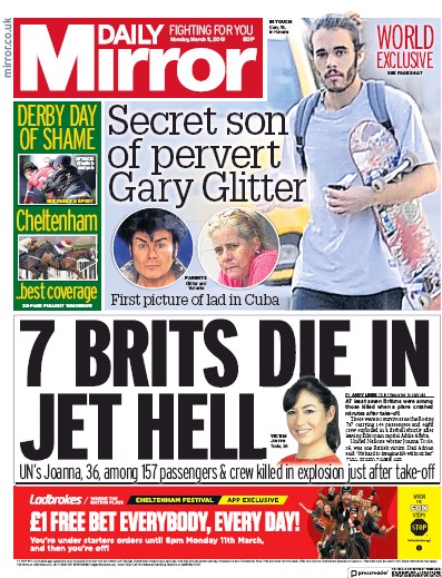 Daily Mirror Newspaper Front Page for 11 March 2019