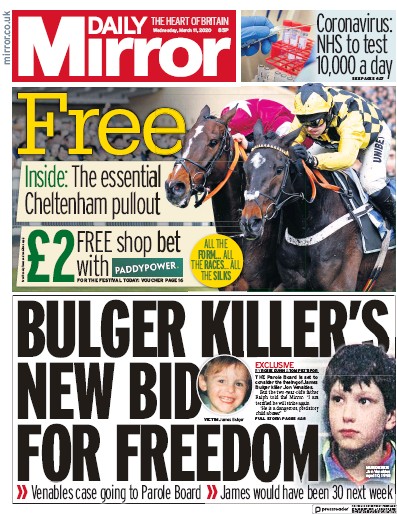 Daily Mirror Newspaper Front Page for 11 March 2020