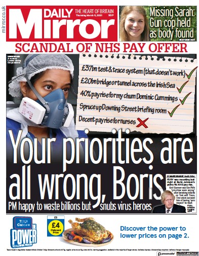 Daily Mirror (UK) Newspaper Front Page for 11 March 2021