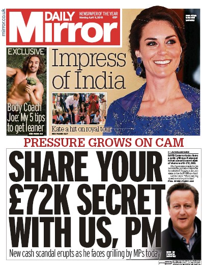 Daily Mirror Newspaper Front Page for 11 April 2016