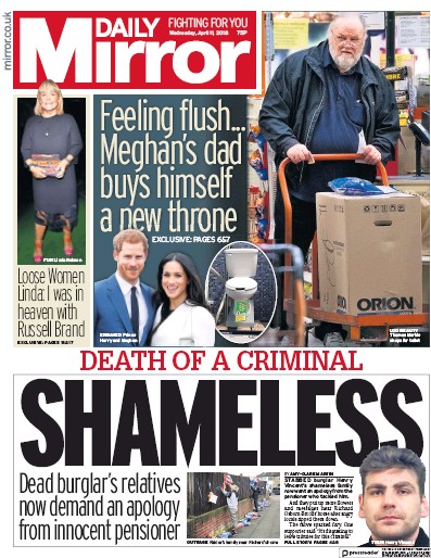 Daily Mirror Newspaper Front Page for 11 April 2018