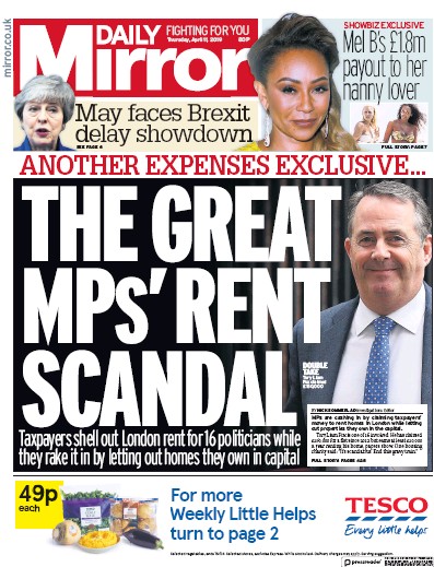Daily Mirror Newspaper Front Page for 11 April 2019