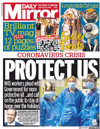 Daily Mirror Newspaper Front Page for 11 April 2020