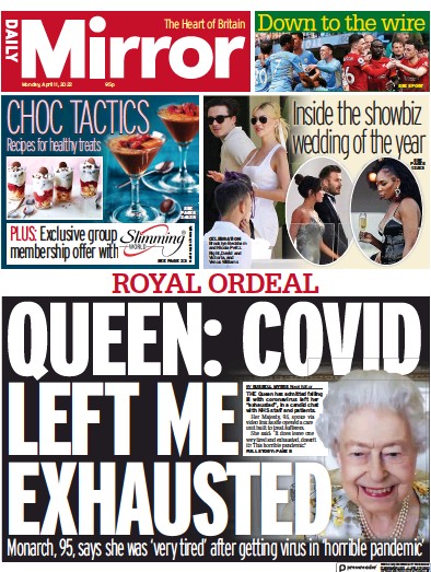 Daily Mirror Newspaper Front Page for 11 April 2022