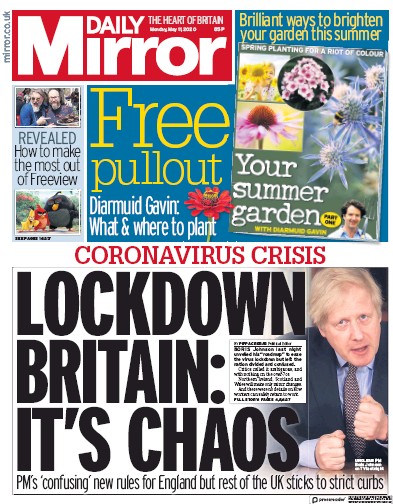 Daily Mirror Newspaper Front Page for 11 May 2020