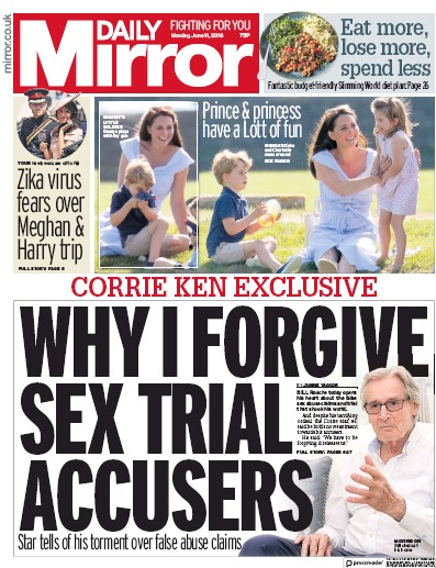 Daily Mirror Newspaper Front Page for 11 June 2018