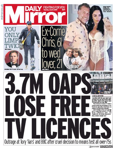 Daily Mirror Newspaper Front Page for 11 June 2019