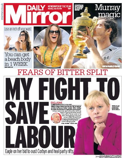 Daily Mirror Newspaper Front Page for 11 July 2016