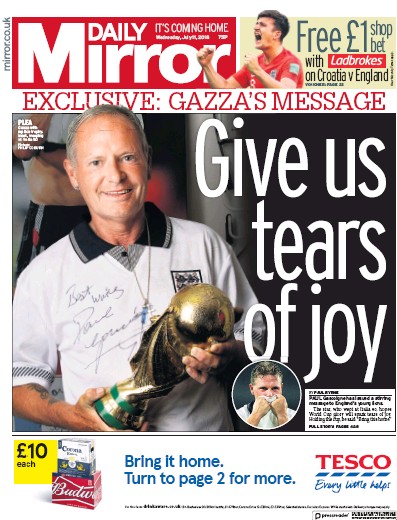 Daily Mirror Newspaper Front Page for 11 July 2018
