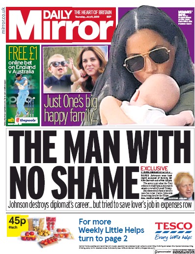 Daily Mirror Newspaper Front Page for 11 July 2019